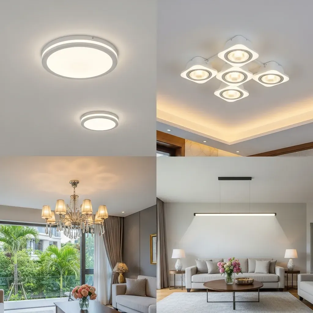 Bốn dòng đèn trần phổ biến cho phòng khách được đặt cạnh nhau để dễ so sánh.