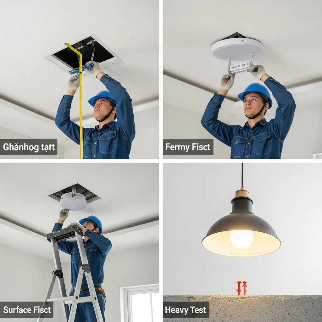 Thợ điện lắp đèn trần đúng quy trình và chú ý an toàn trong phòng khách.