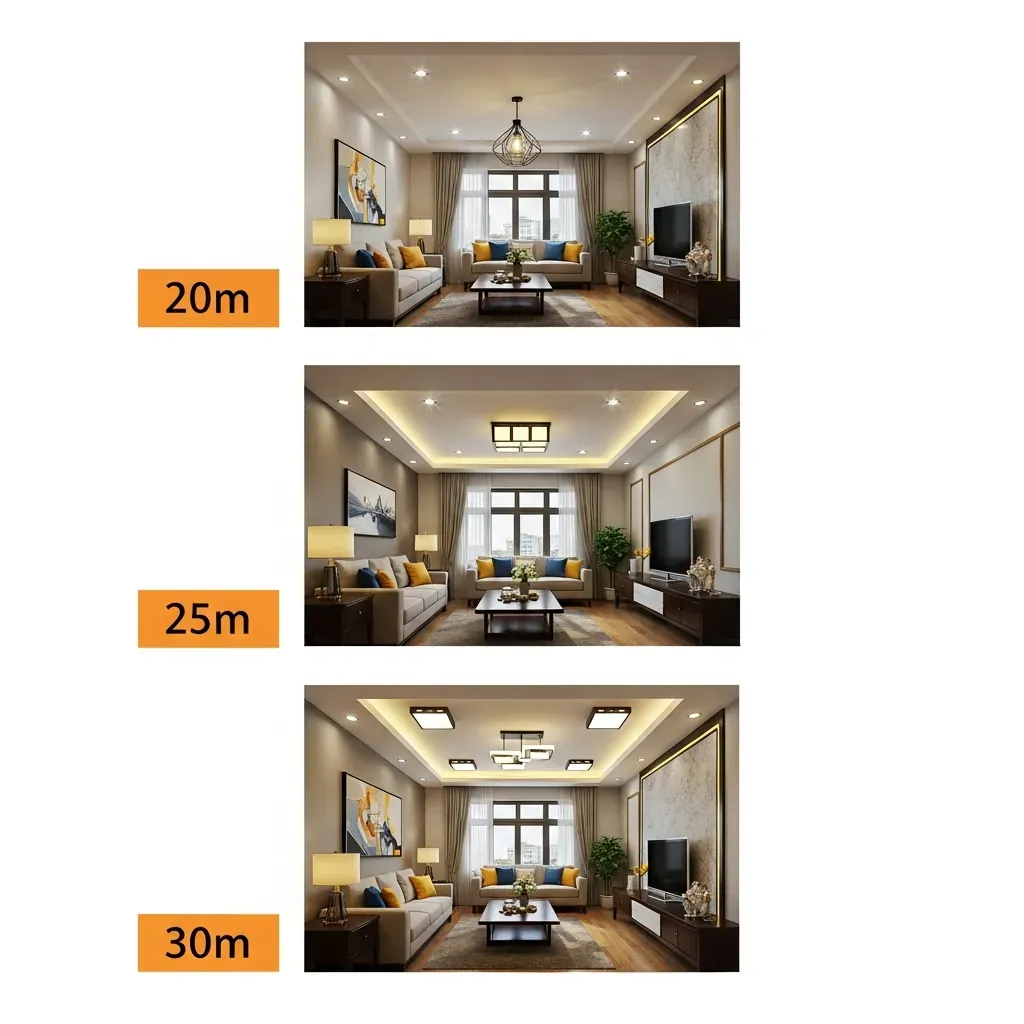 Ví dụ bố trí đèn cho phòng khách 20m², 25m² và 30m².