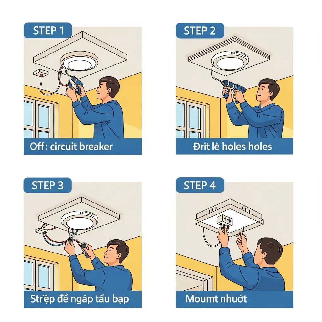 Các bước tự lắp đèn ốp trần an toàn