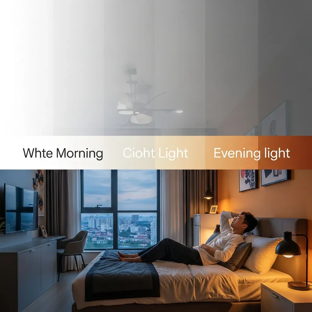 Dải màu ánh sáng từ trắng sang vàng ấm trong phòng ngủ