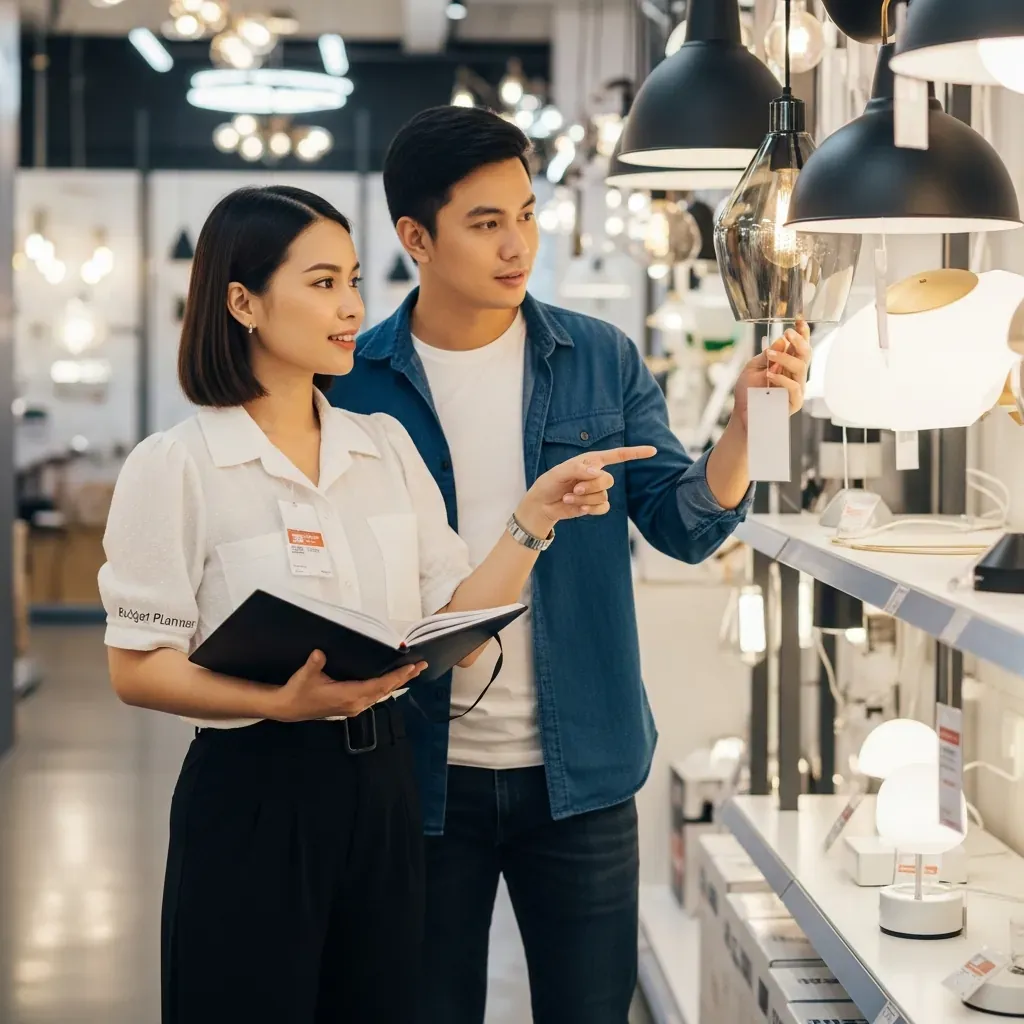 Cặp đôi trẻ Việt trong cửa hàng đèn, xem đèn thả hiện đại và tham khảo ngân sách bằng sổ tay.
