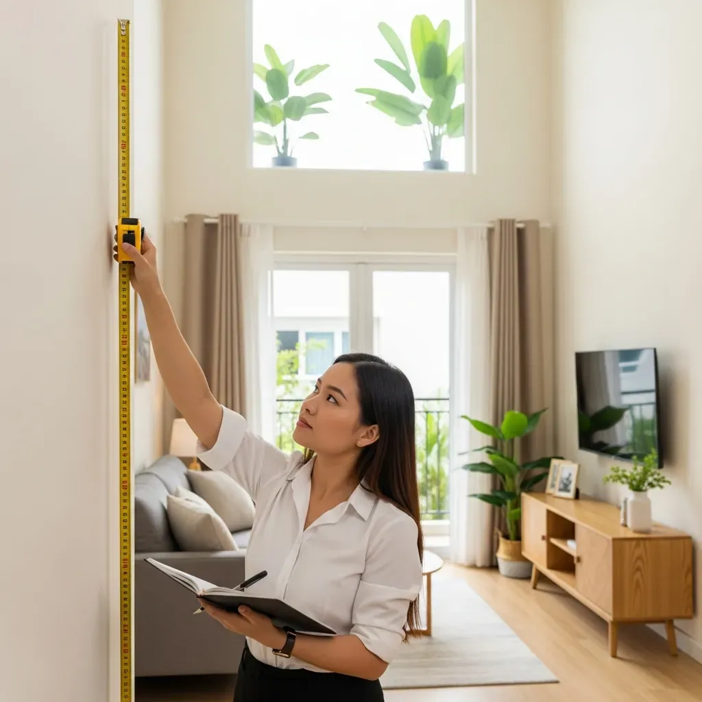 Góc nhìn từ vai người phụ nữ đang đo chiều cao trần phòng khách chung cư bằng thước dây, bên cạnh là sổ ghi chú.