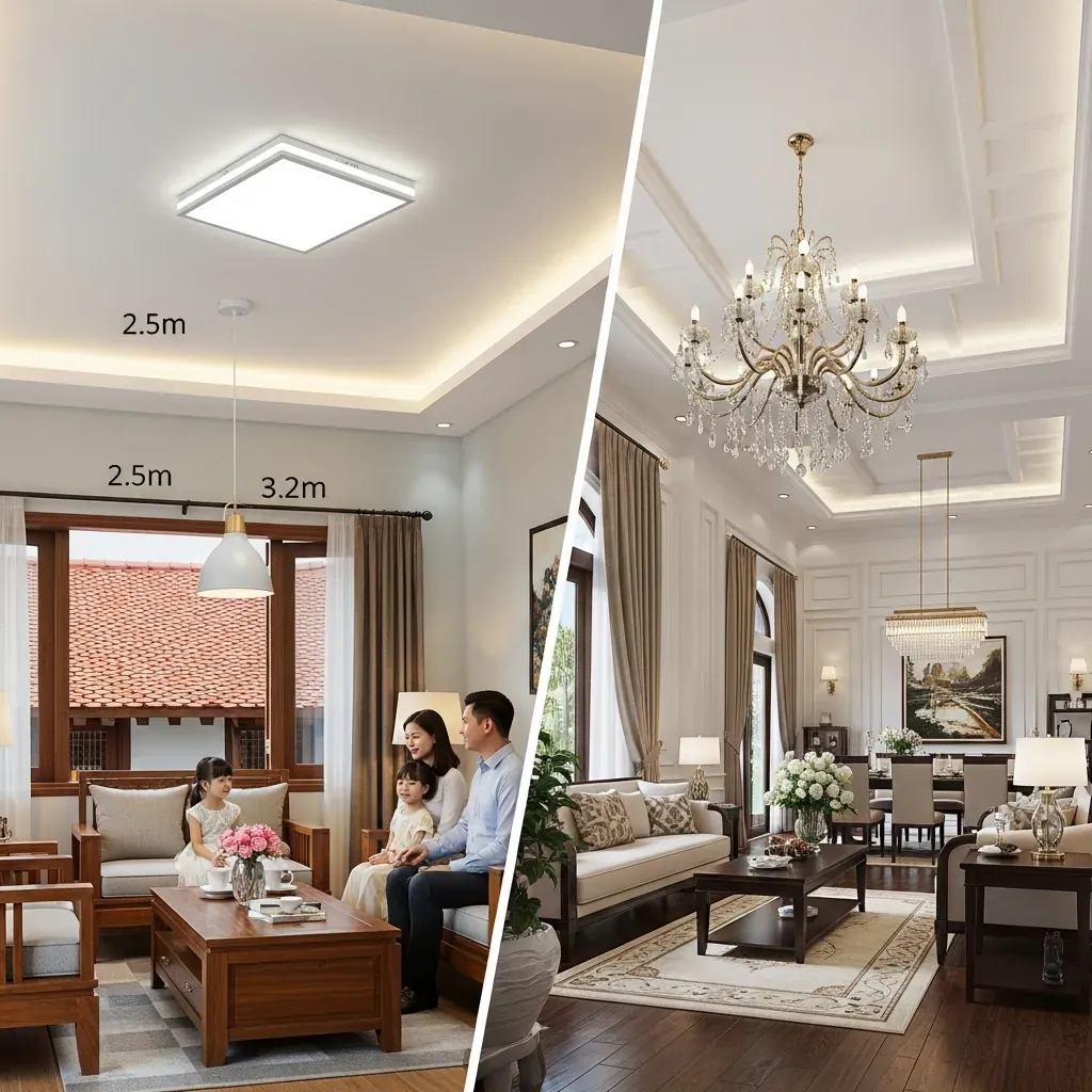 Hai phòng khách được ghép cạnh nhau: bên trái trần thấp dùng đèn ốp trần và thả ngắn, bên phải trần cao dùng đèn chùm pha lê.