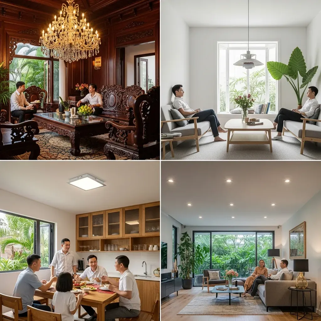 Lưới 2x2 các kiểu đèn: chùm cổ điển, thả hiện đại, ốp trần tối giản, âm trần đồng đều, mỗi góc là một phòng khách Việt đặc trưng.