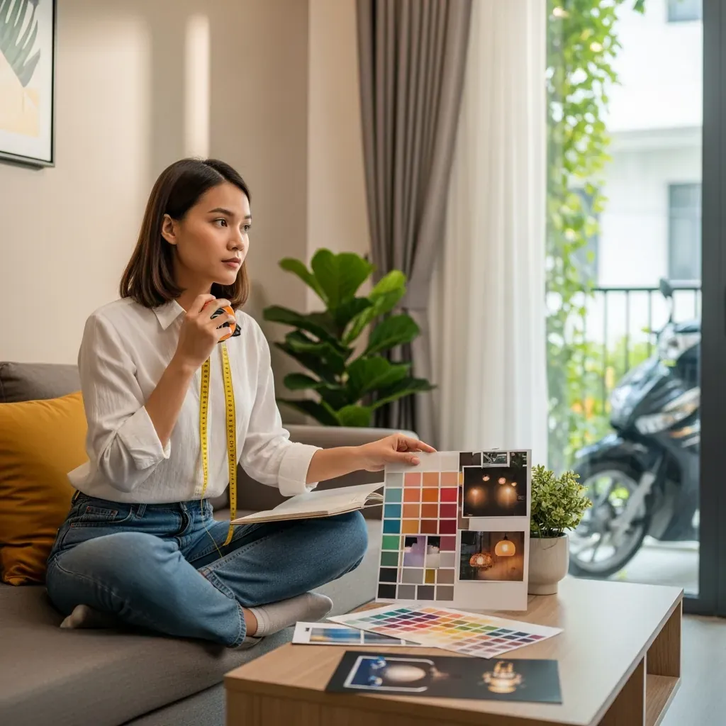 Một phụ nữ Việt ngồi trên ghế sofa trong phòng khách chung cư hiện đại, tay cầm thước dây và sổ tay, suy nghĩ chọn đèn trang trí.