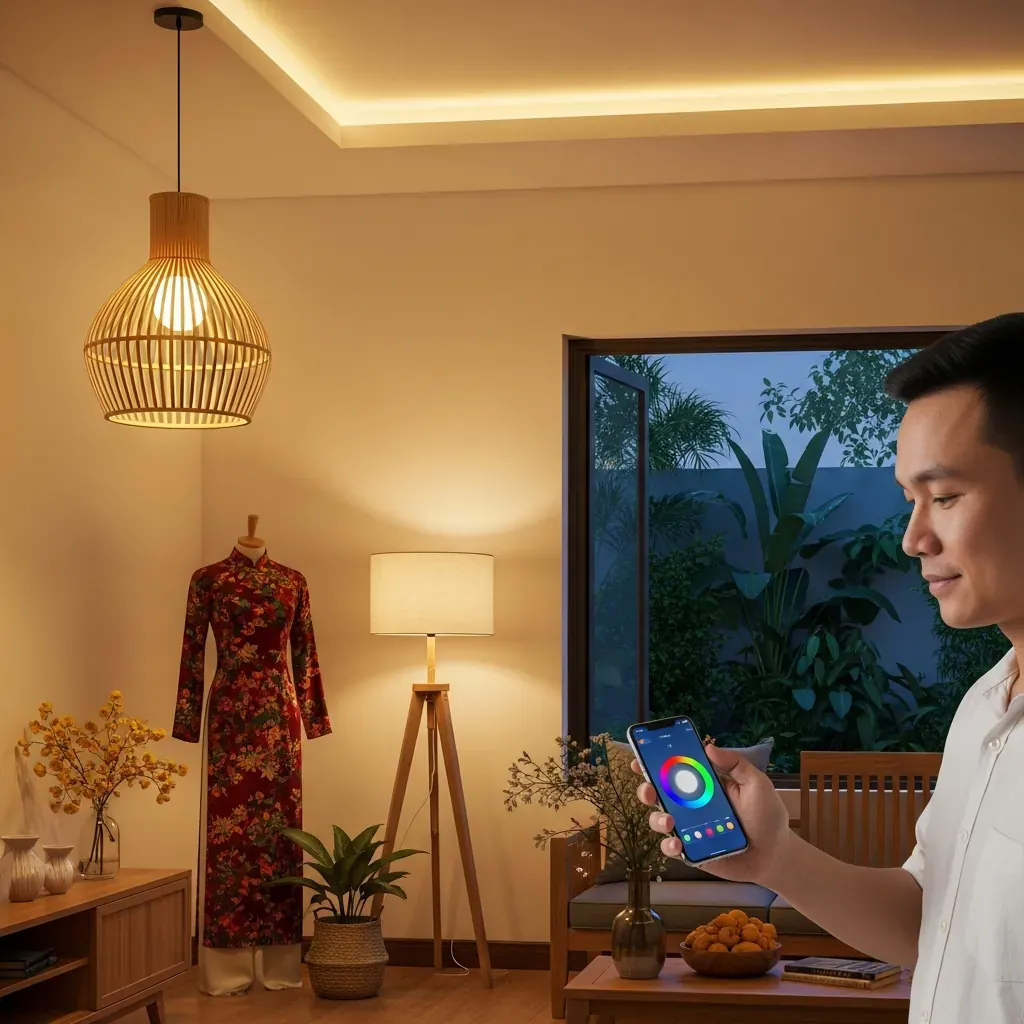 Phòng khách hiện đại với đèn tre, đèn thông minh điều khiển qua điện thoại, ánh sáng vàng ấm và không gian mở ra vườn nhiệt đới.
