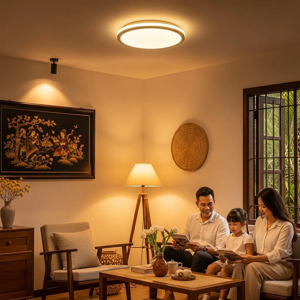 Phòng khách Việt Nam ấm cúng với đèn ốp trần tỏa sáng, đèn cây bên ghế đọc sách và đèn rọi tranh sơn mài, một gia đình đang quây quần.