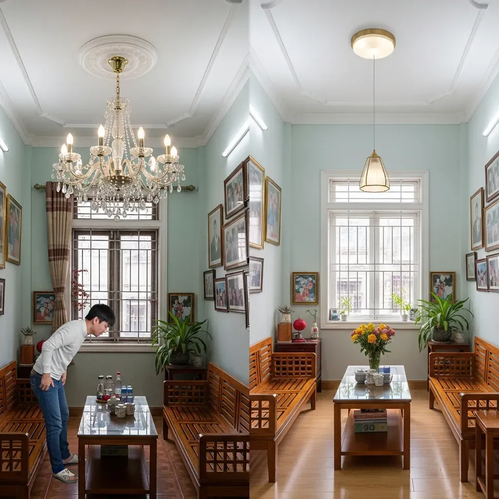 So sánh lỗi chọn đèn quá to khiến phòng khách nhỏ trở nên chật chội với căn phòng tương tự dùng đèn đúng tỉ lệ, thoáng đãng.