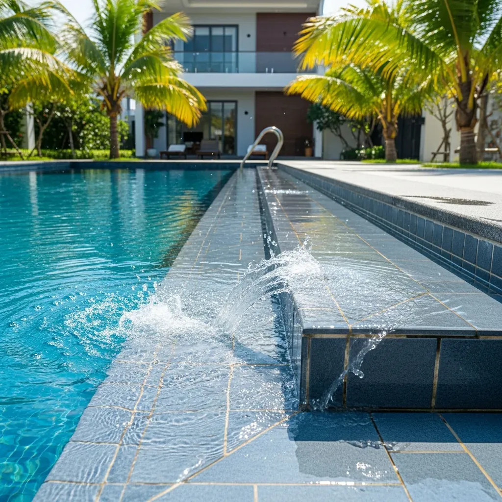 Bậc thang và mép hồ bơi lát gạch chống trơn R12-R13