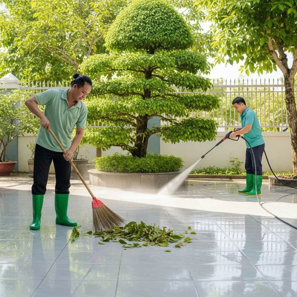 Bảo trì sân vườn bằng cách quét lá và rửa máy phun áp lực