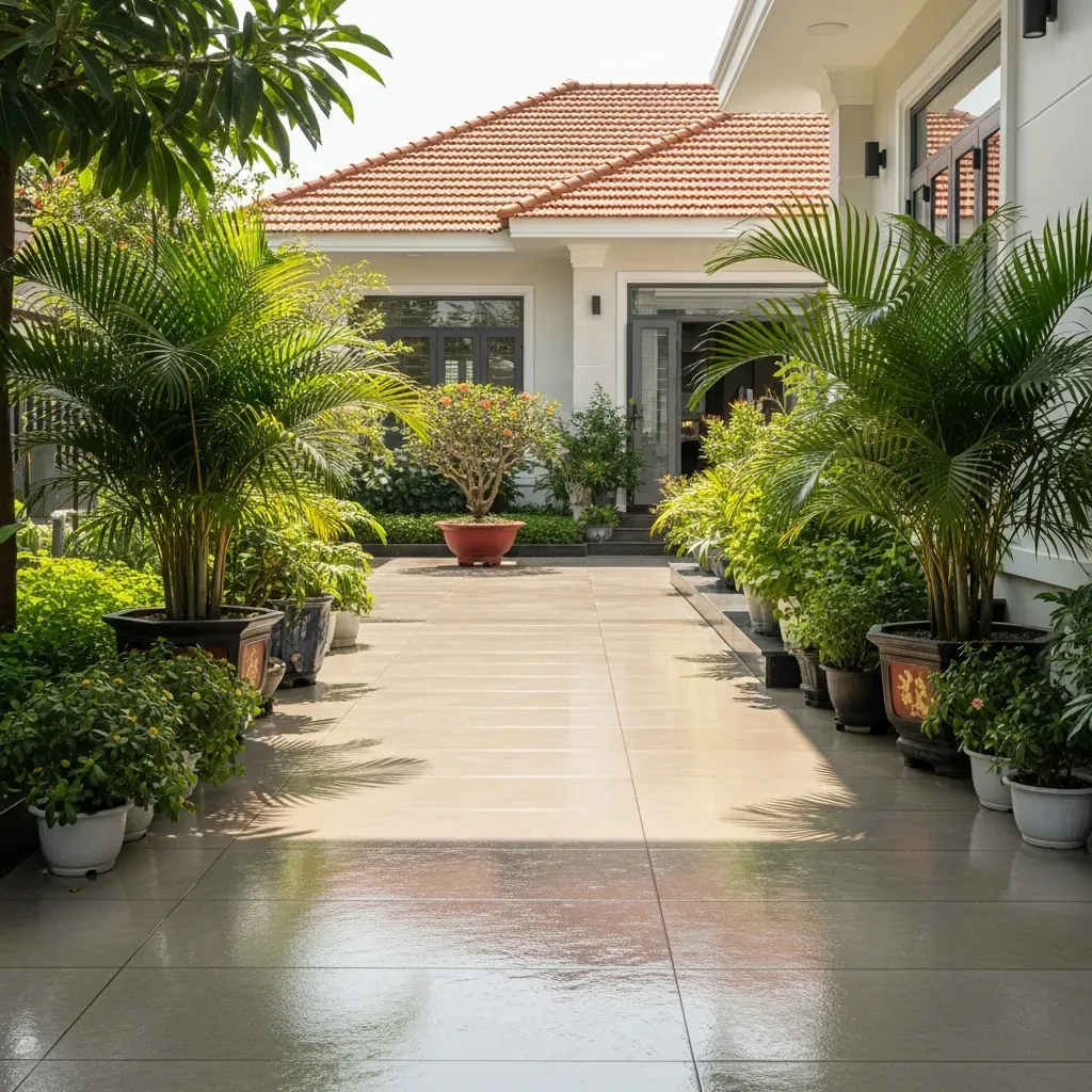 Sân vườn nhà Việt lát gạch porcelain đẹp, bề mặt nhám an toàn giữa cây xanh nhiệt đới