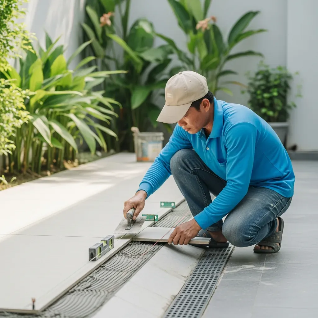 Thợ Việt lát gạch sân vườn với keo chuyên dụng và ke cân bằng