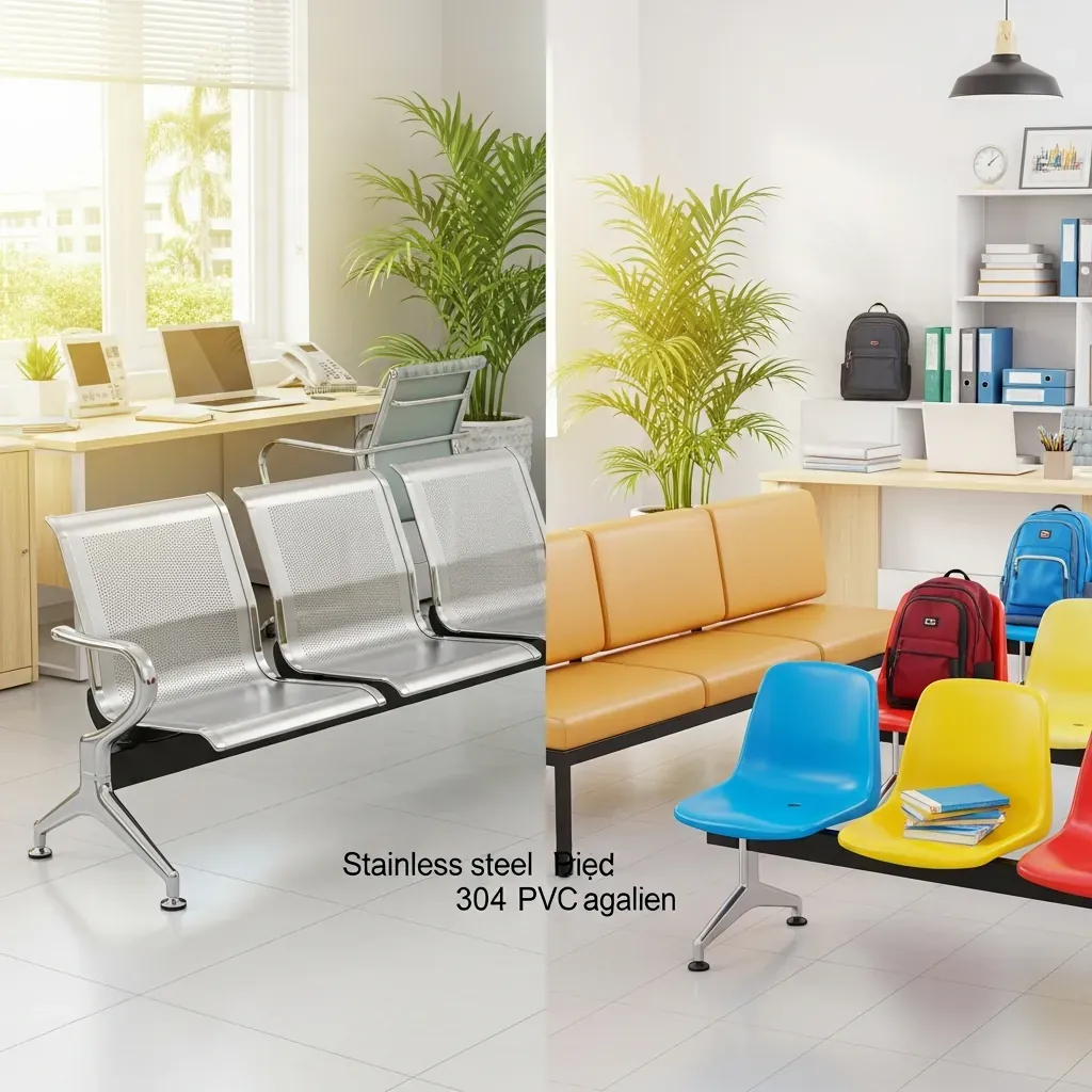 Các loại chất liệu ghế băng chờ inox, sắt sơn tĩnh điện, bọc đệm da và nhựa
