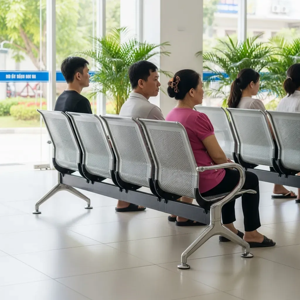 Ghế băng chờ inox nhiều chỗ ngồi đặt trong sảnh bệnh viện sáng sủa tại Việt Nam