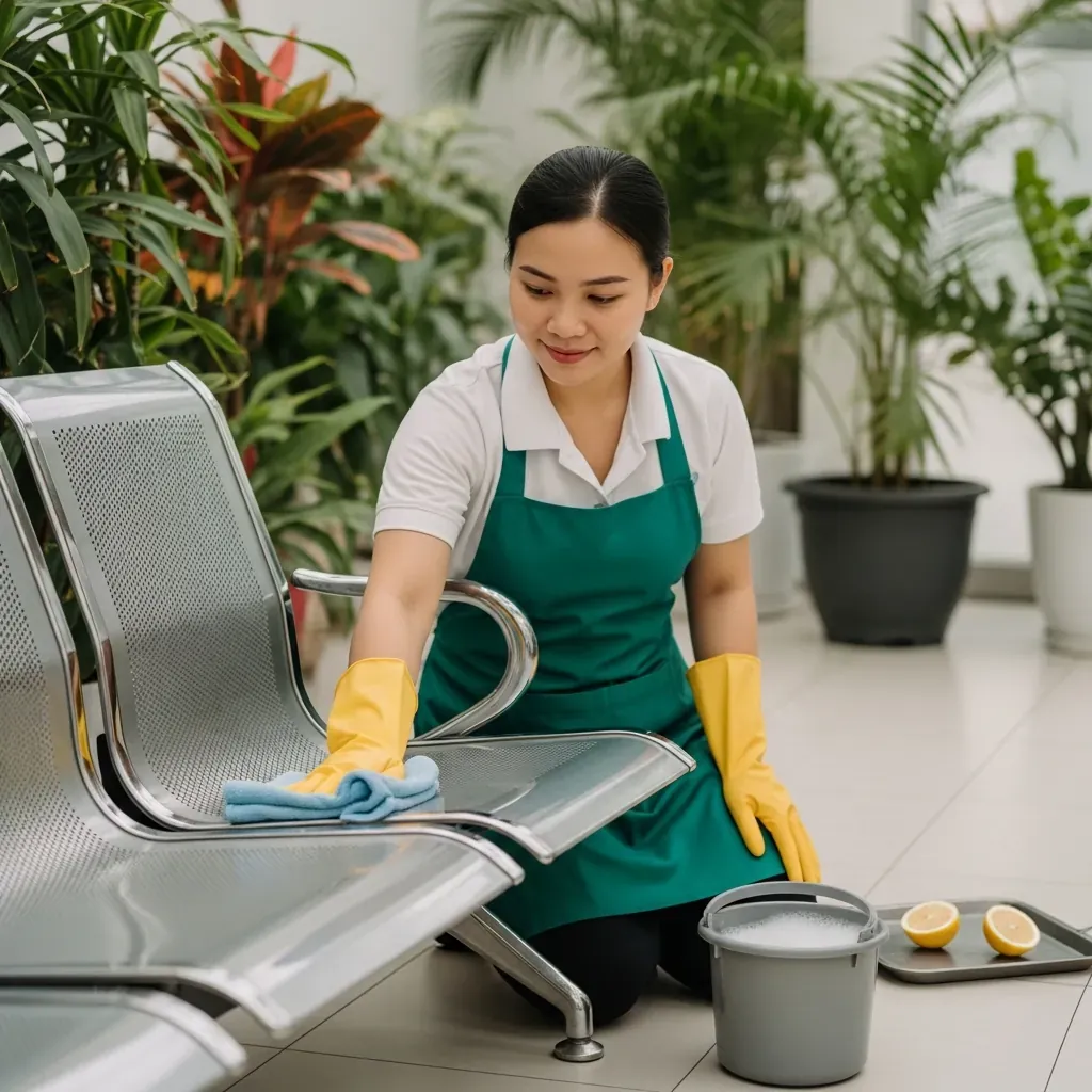 Vệ sinh và bảo dưỡng ghế băng chờ inox bằng khăn mềm và nước ấm