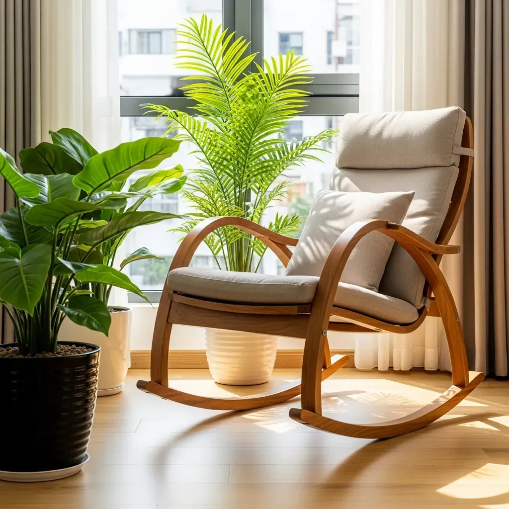 Ghế bập bênh khung chắc đặt ở góc thư giãn trong căn hộ Việt Nam