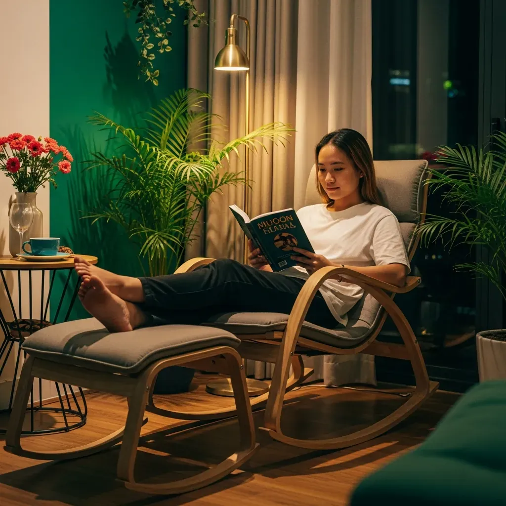 Người trẻ Việt Nam đọc sách trên ghế bập bênh có gác chân