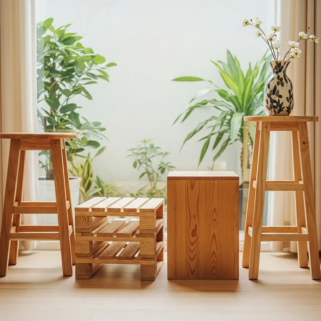 Bốn loại ghế đẩu gỗ khác nhau xếp cạnh nhau trong không gian nhà Việt sáng sủa