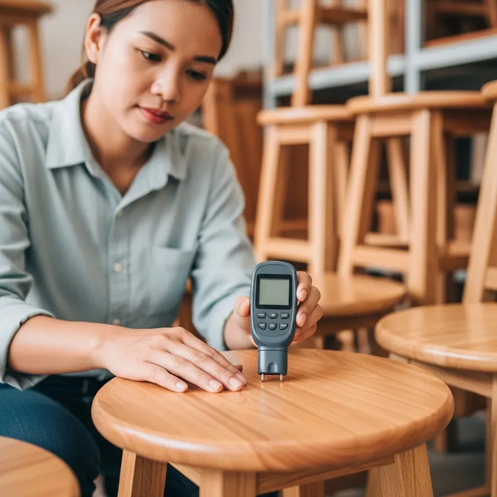 Người bán dùng máy đo độ ẩm kiểm tra gỗ tại cửa hàng