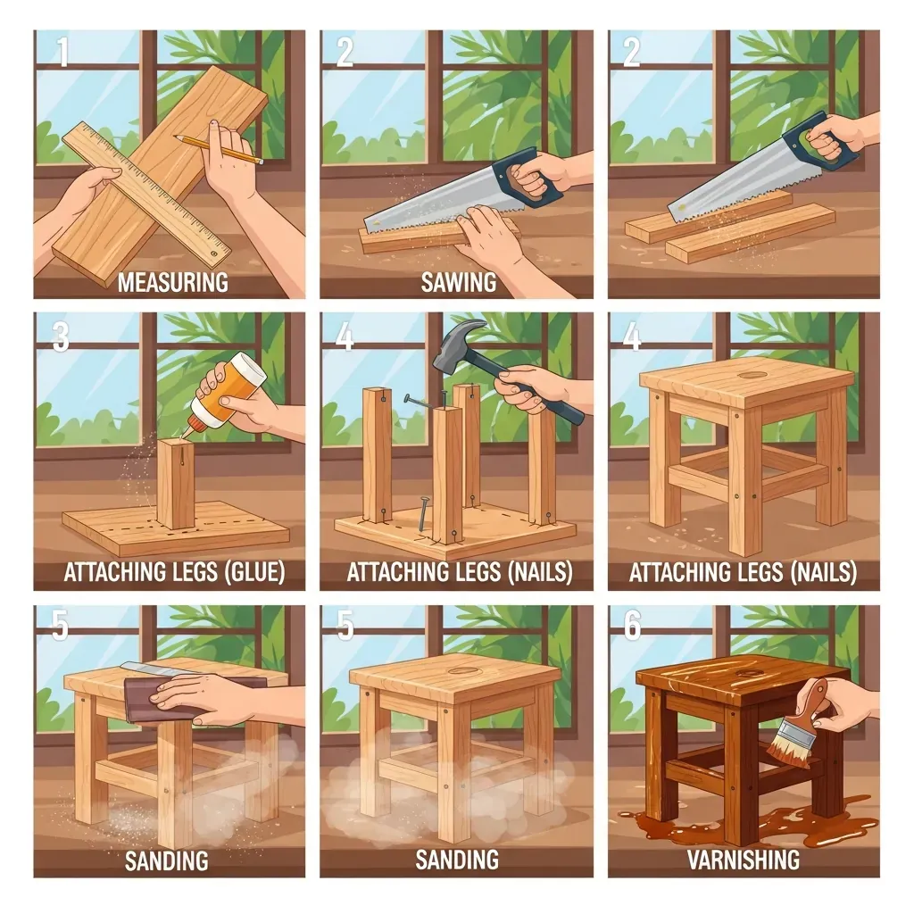 Sơ đồ các bước tự đóng một chiếc ghế đẩu gỗ đơn giản