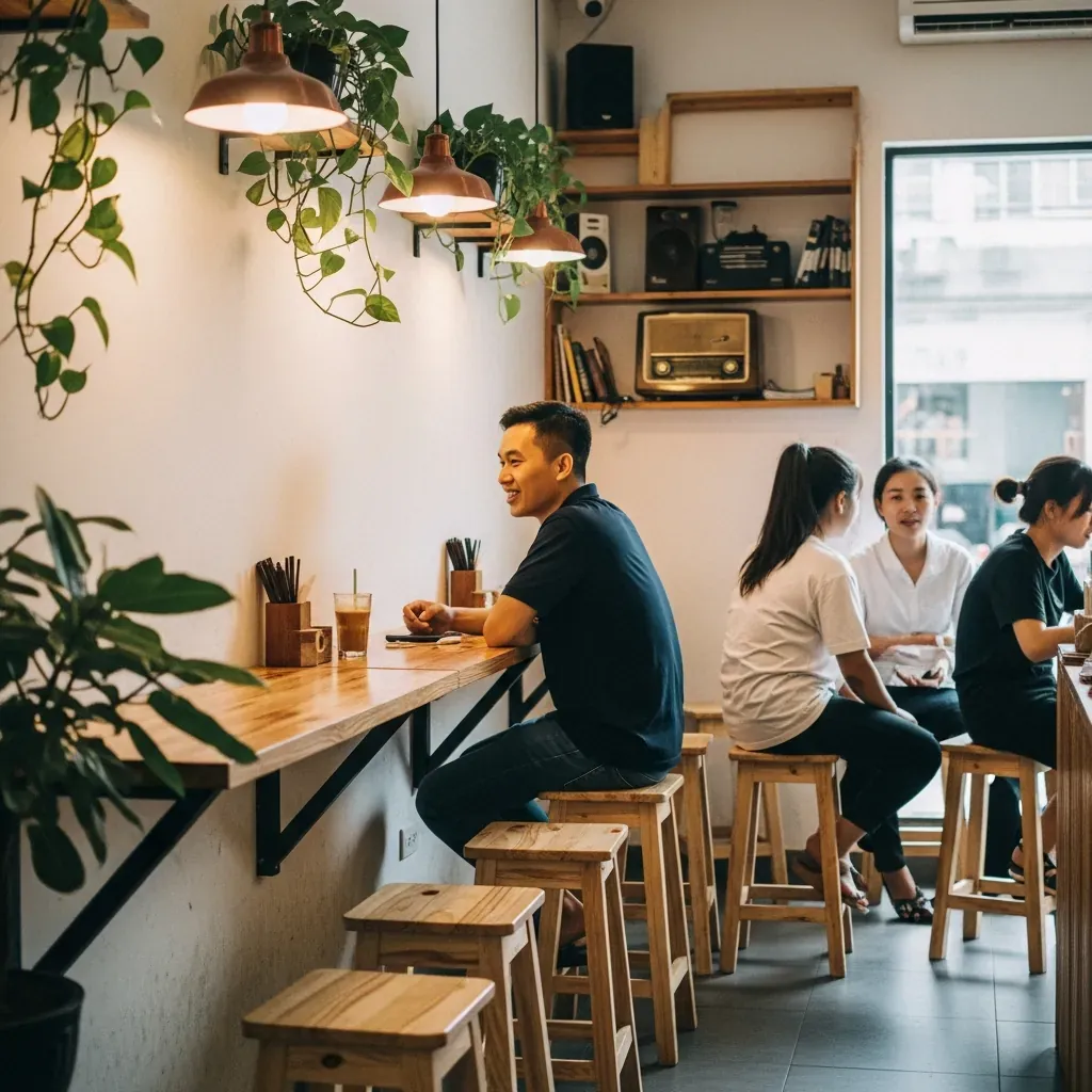Ý tưởng bài trí ghế đẩu gỗ trong quán cà phê nhỏ