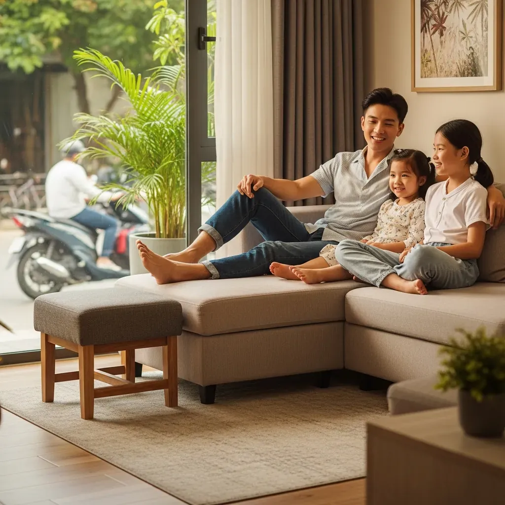 Bố trí ghế đôn sofa trong phòng khách căn hộ Việt Nam