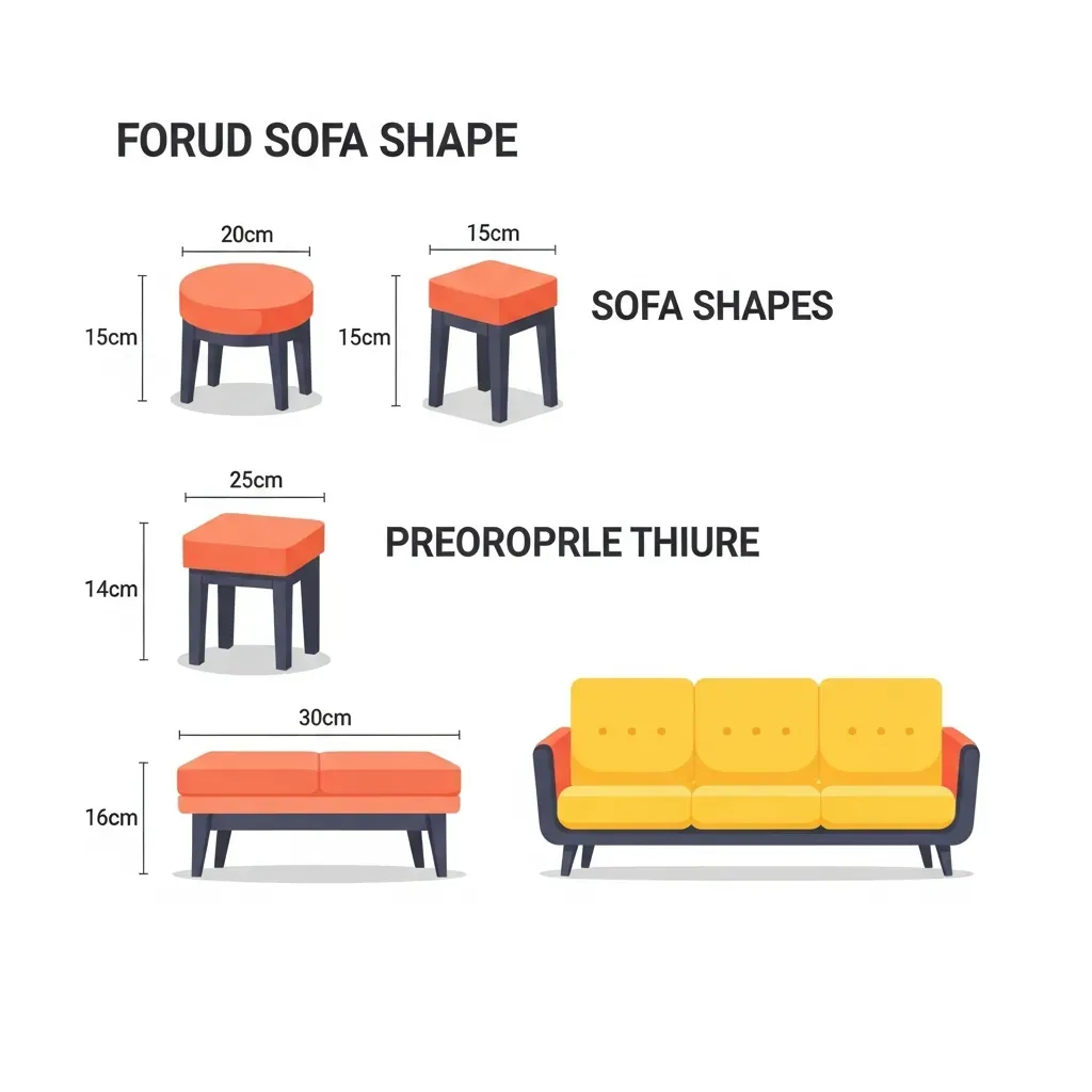 Sơ đồ minh họa kích thước các dáng ghế đôn sofa và cách phối với sofa