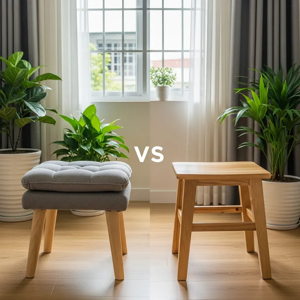 So sánh ghế đôn sofa bọc nệm êm và ghế đẩu gỗ cứng trong phòng khách