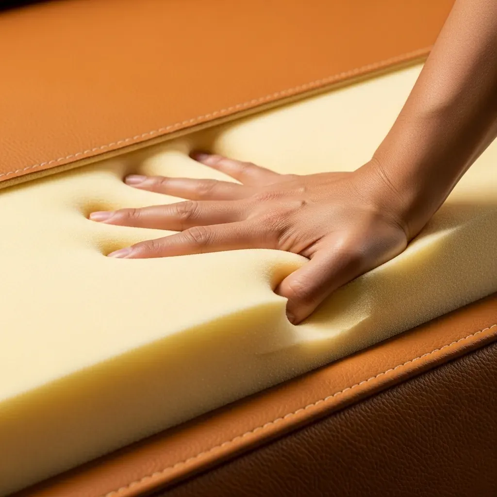Cận cảnh lõi foam và lớp bọc da của ghế sofa