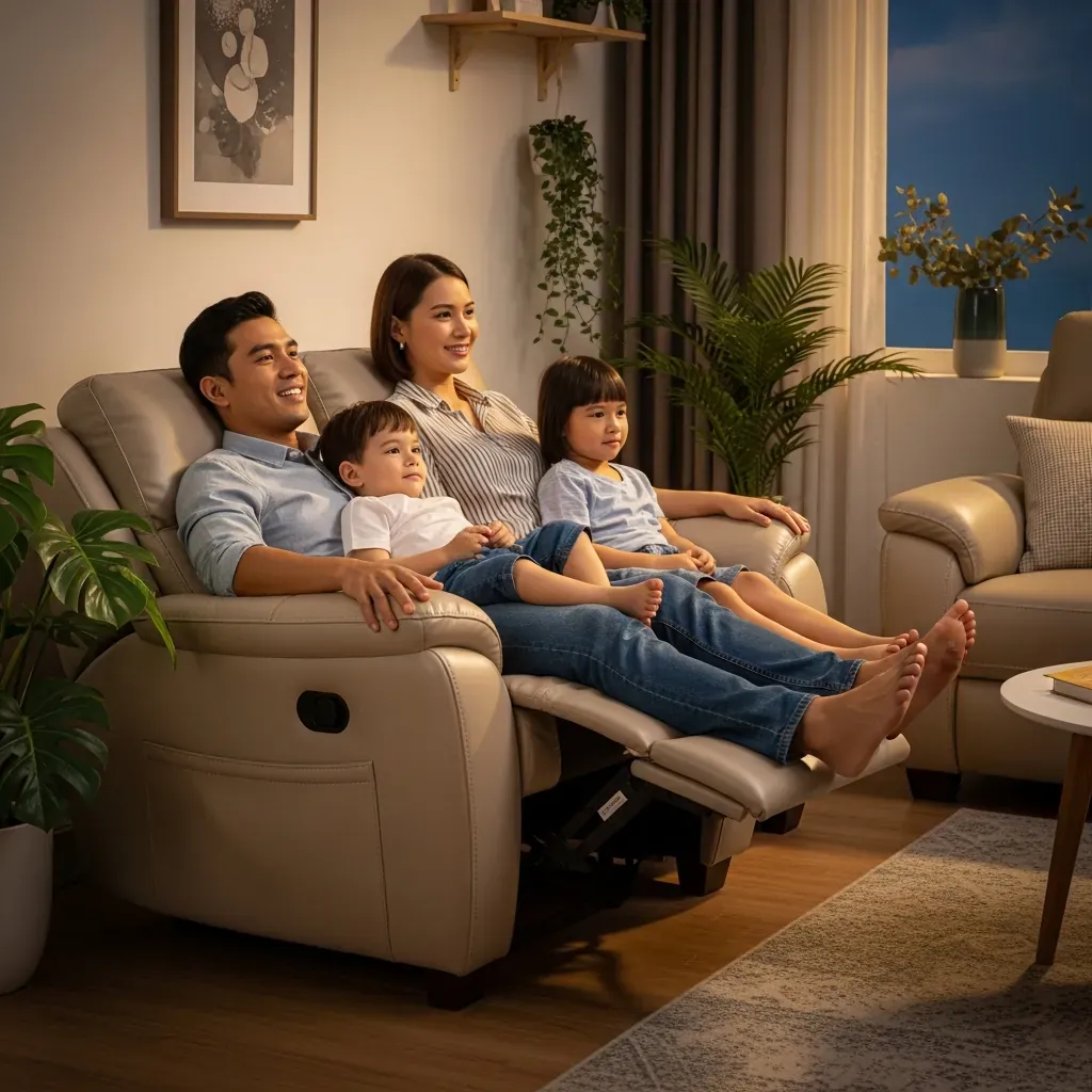 Gia đình Việt thư giãn trên sofa điện bọc da bò thật