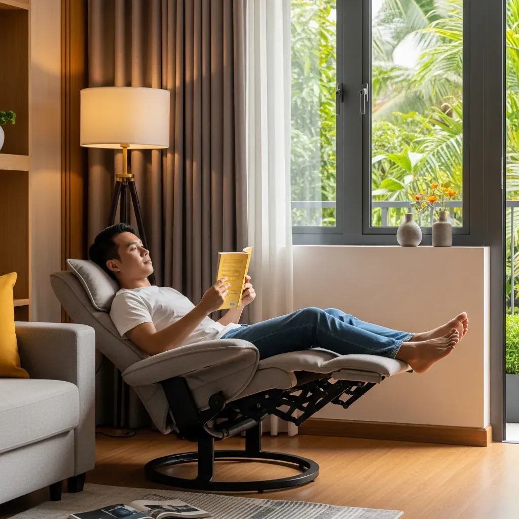 Người đàn ông Việt Nam thư giãn trên ghế sofa ngả lưng trong phòng khách căn hộ