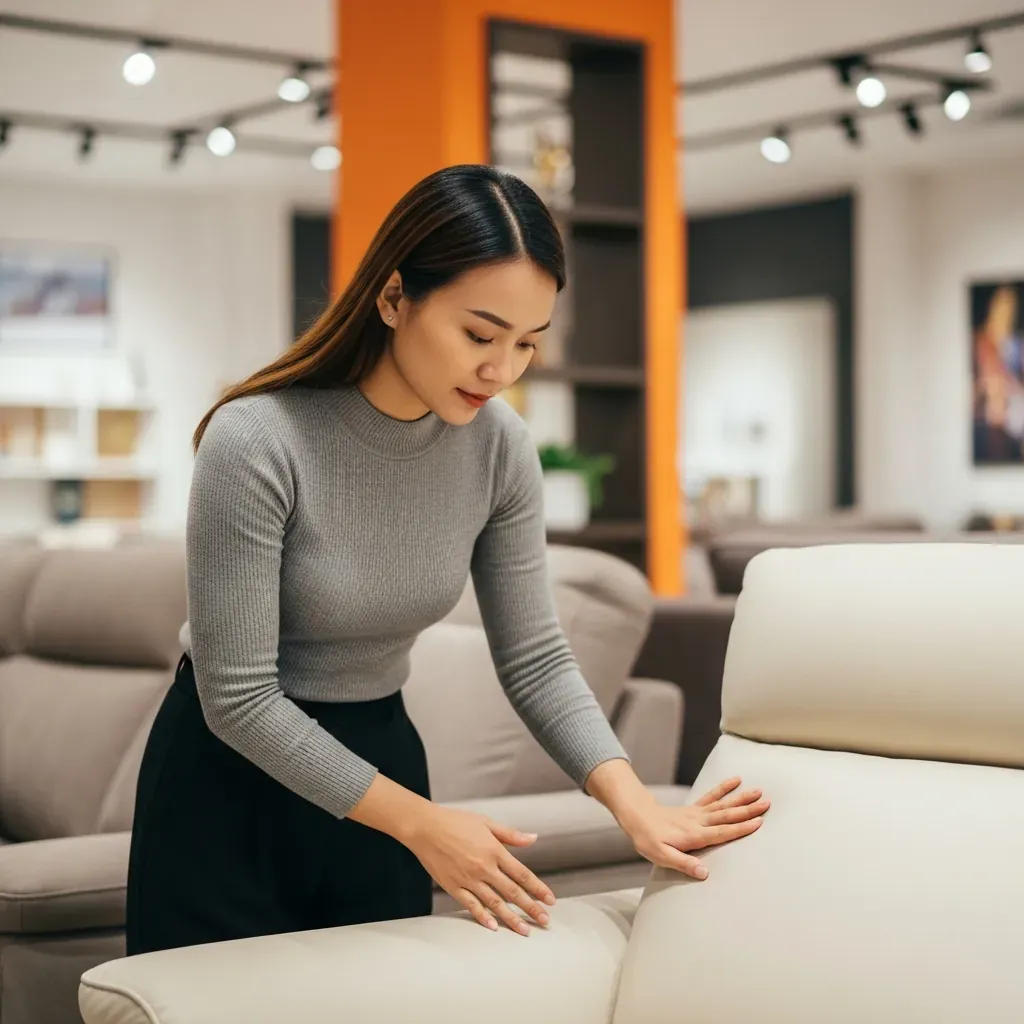 Người mua kiểm tra chất lượng ghế sofa tại showroom