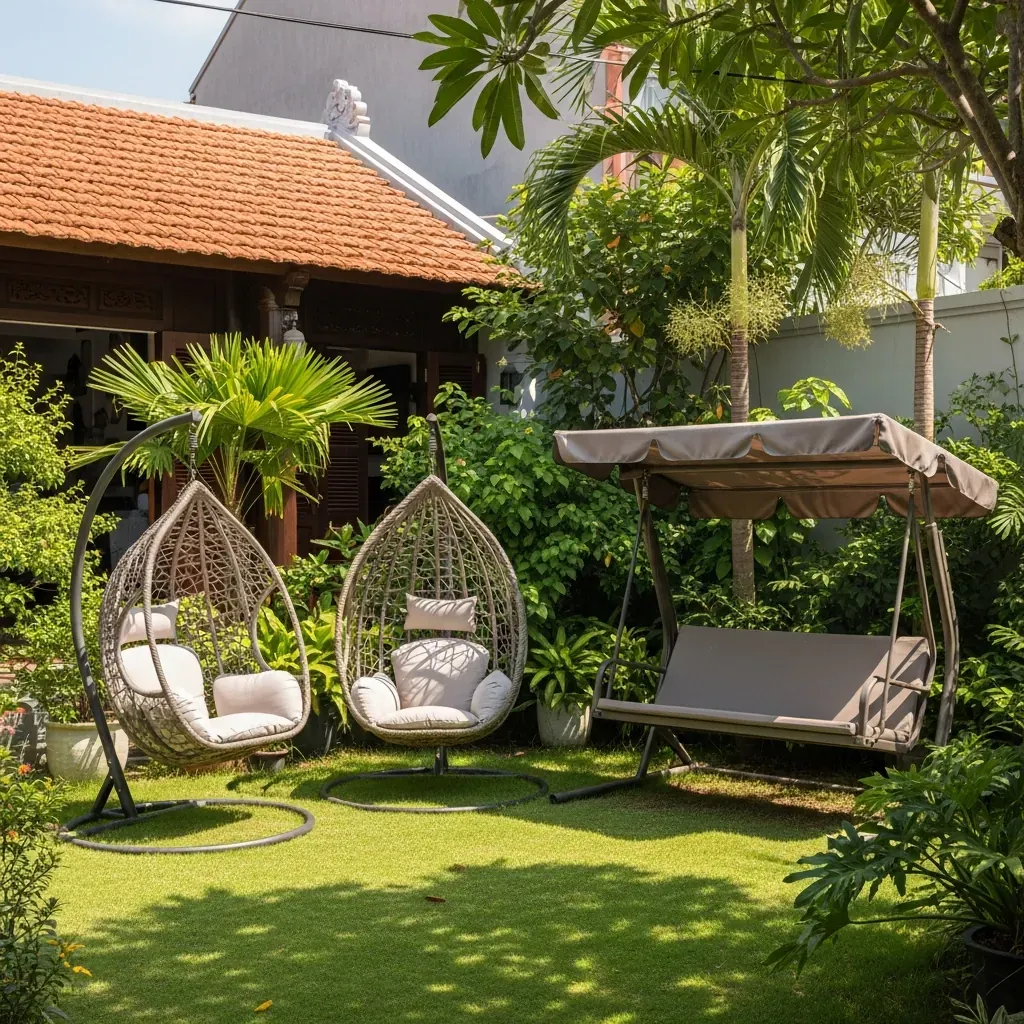 Ba kiểu ghế xích đu phổ biến đặt trong sân vườn nhiệt đới Việt Nam