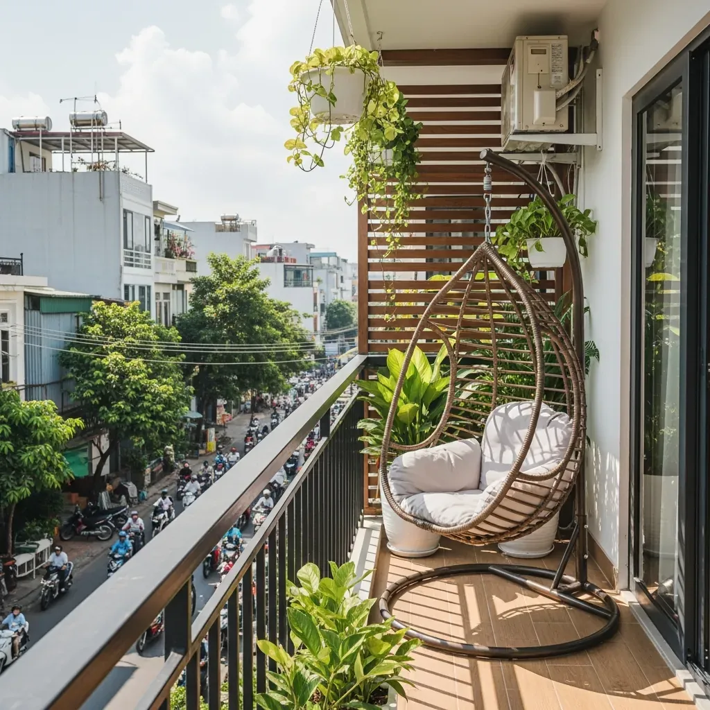Ghế xích đu đơn đặt trên ban công căn hộ Việt Nam hẹp