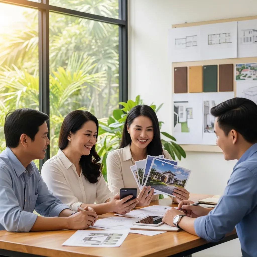 Gia đình người Việt gặp gỡ kiến trúc sư, chia sẻ ý tưởng và hình ảnh tham khảo.