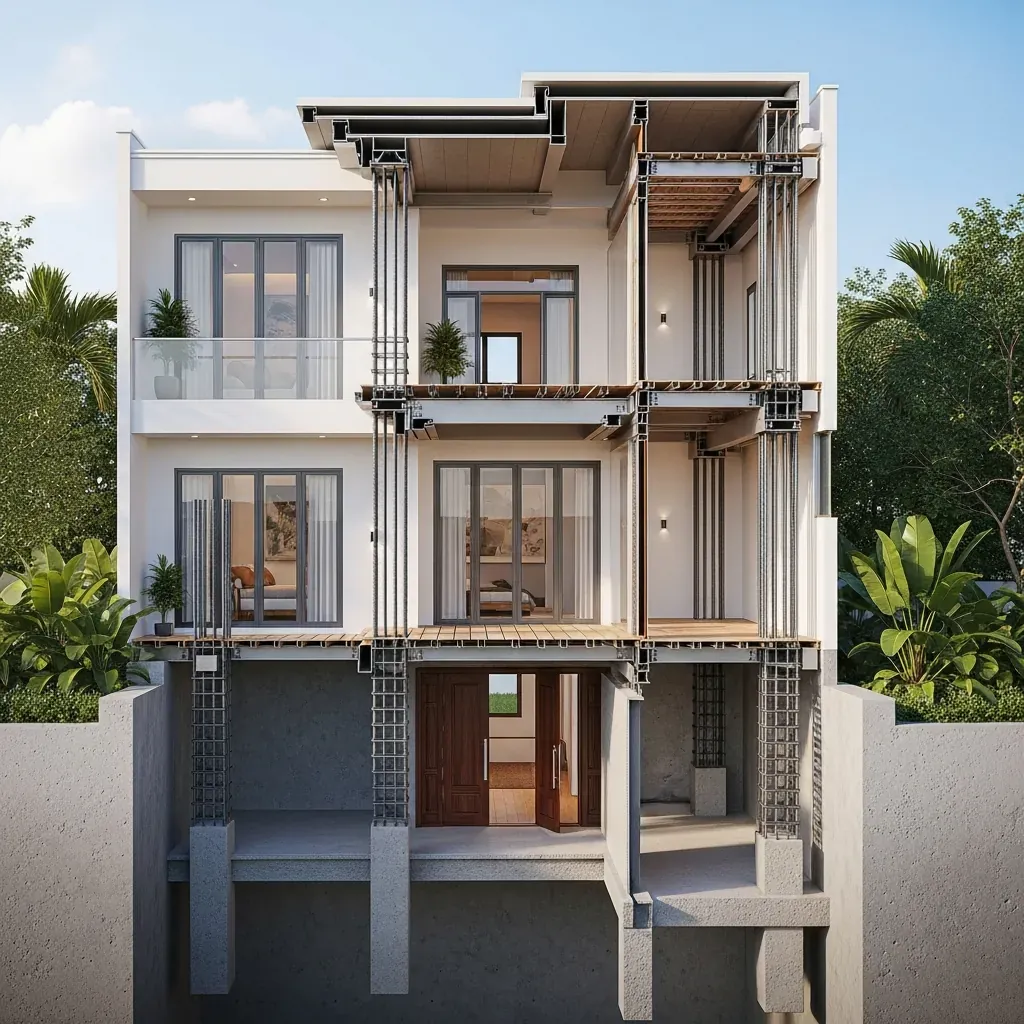 Hình cắt 3D mô tả kết cấu bên trong một ngôi nhà ống Việt Nam, cho thấy hệ thống cột, dầm, sàn bê tông cốt thép.