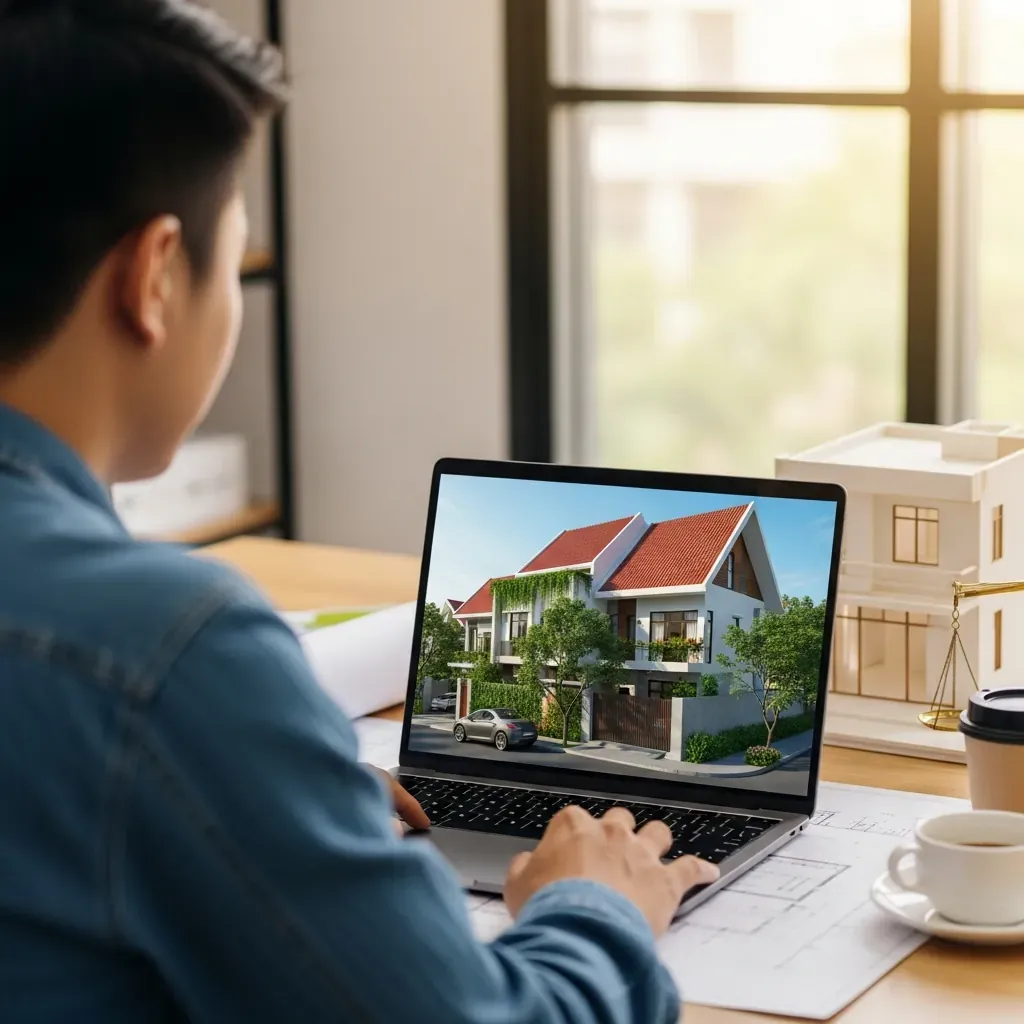 Kiến trúc sư trẻ người Việt đang xem phối cảnh 3D ngôi nhà phố trên màn hình laptop, xung quanh là bản vẽ và mô hình.