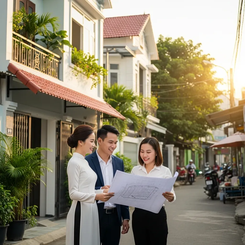 Một cặp đôi người Việt đang xem bản vẽ thiết kế nhà cùng kiến trúc sư trước một ngôi nhà phố đang xây dựng.