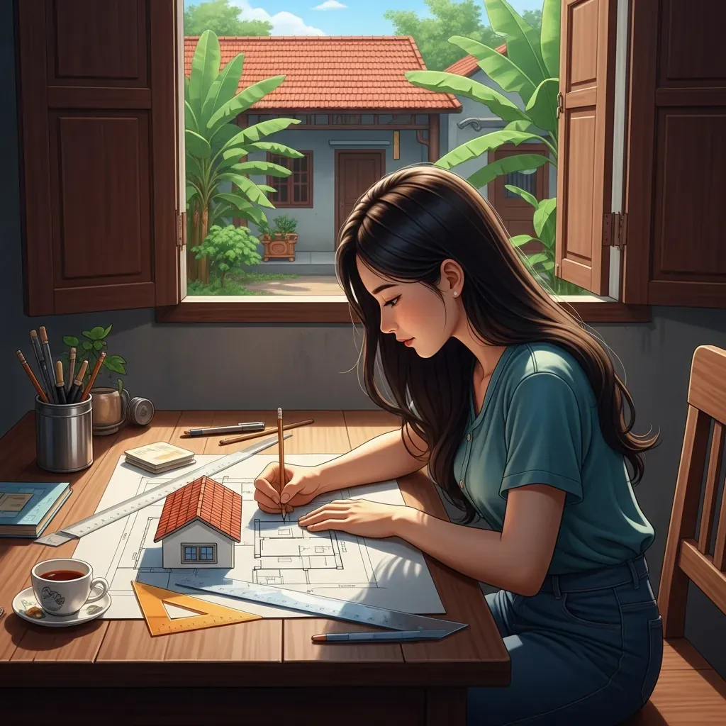 Một phụ nữ trẻ người Việt đang tự tay vẽ phác thảo thiết kế cho một ngôi nhà nhỏ.