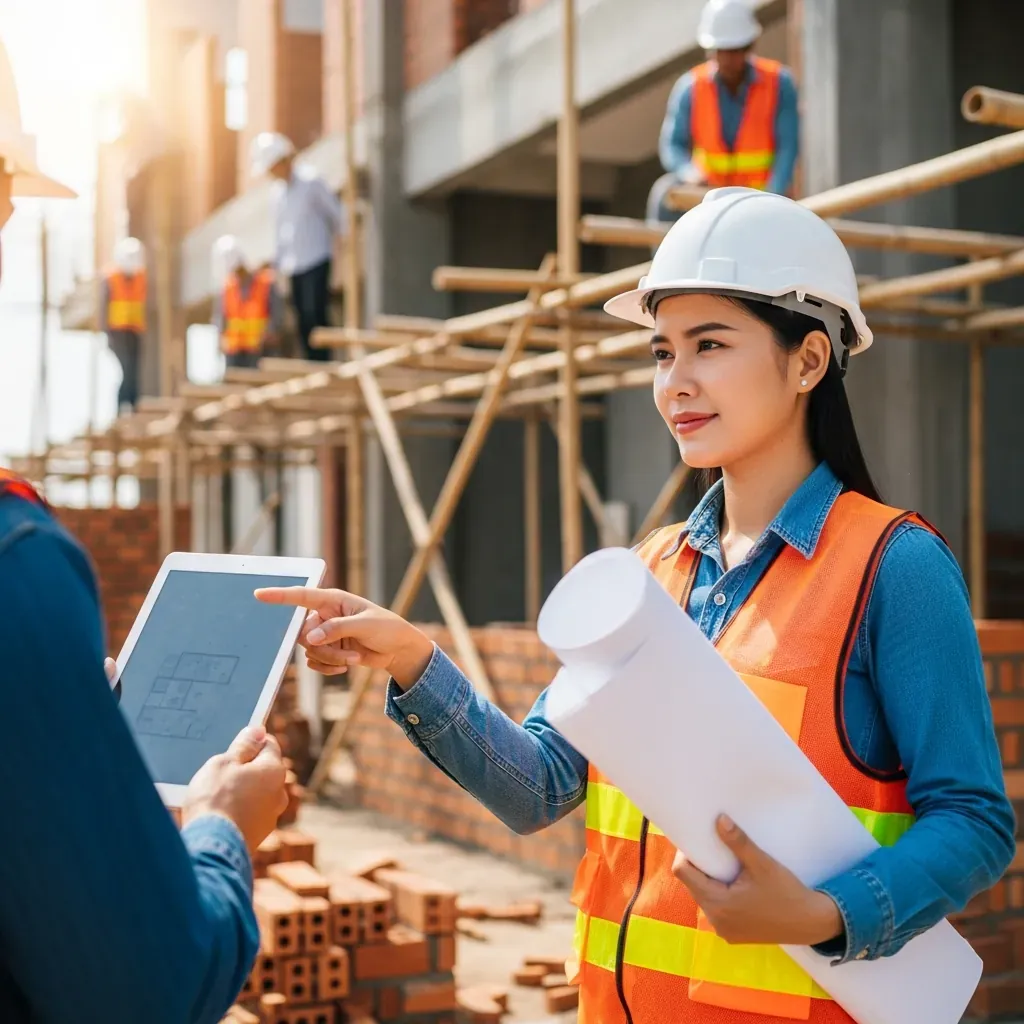 Nữ quản lý dự án người Việt đội mũ bảo hộ đang giám sát thi công tại công trình nhà phố.