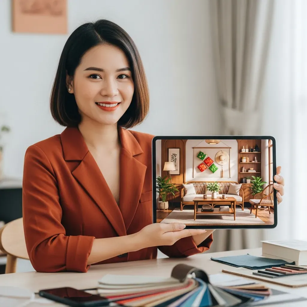 Nữ thiết kế nội thất người Việt đang giới thiệu bản phối cảnh 3D phòng khách trên máy tính bảng.