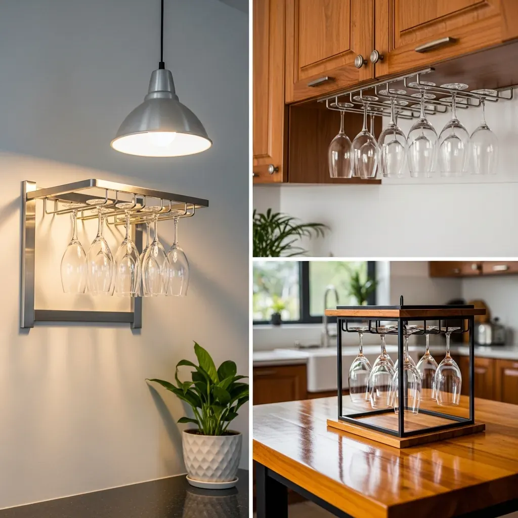 Ba kiểu giá treo ly rượu vang trong gian bếp Việt hiện đại: treo tường, gầm tủ và để bàn.