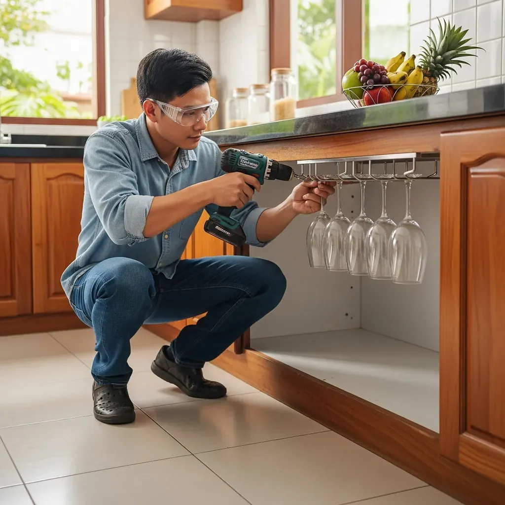 Lắp đặt giá treo ly dưới tủ bếp.