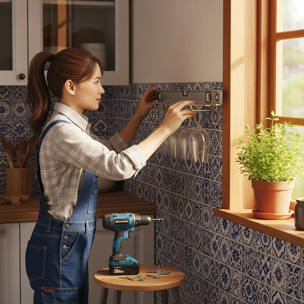 Lắp giá treo ly rượu lên tường bằng thước cân bằng.