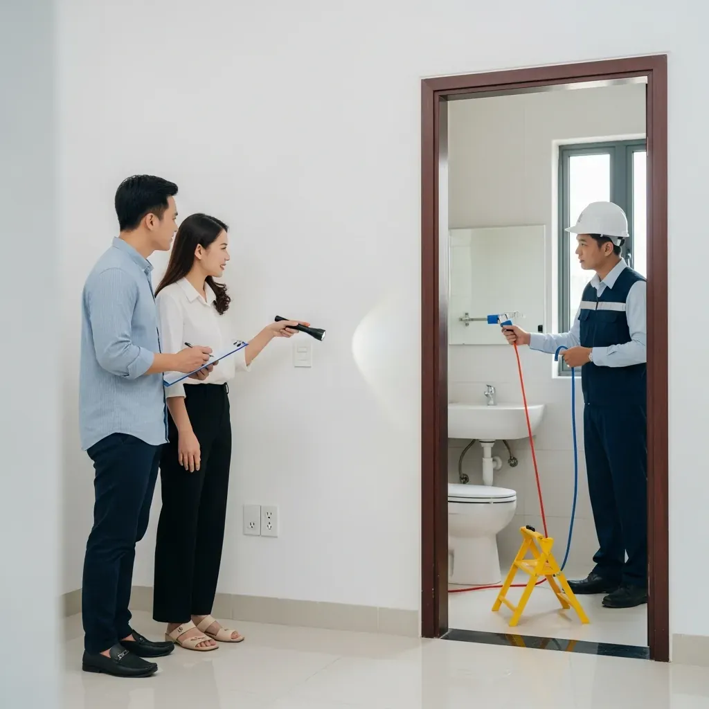 Cặp đôi Việt và kỹ sư nghiệm thu căn nhà mới, kiểm tra ổ điện và nước.