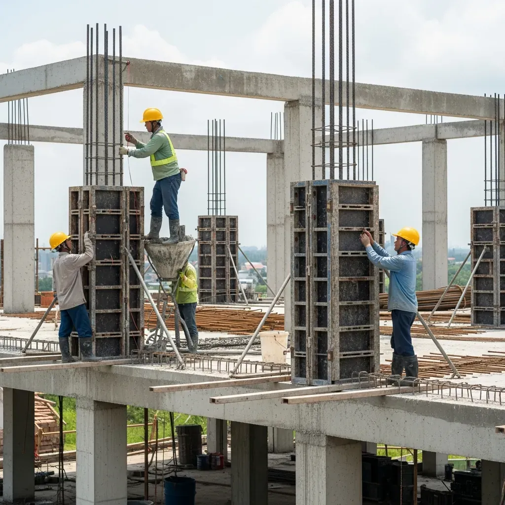 Công nhân đổ bê tông cột, dầm trong công trình đang xây, có giám sát chất lượng.