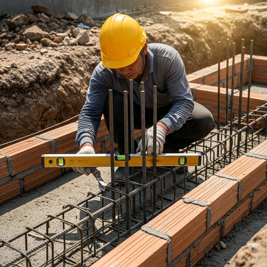 Công nhân Việt Nam kiểm tra cốt thép móng nhà tại công trường TP.HCM.