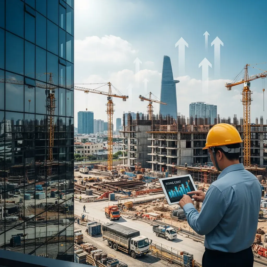 Công trường xây dựng nhộn nhịp ở TP.HCM với cần cẩu và đồ thị chi phí tăng, thể hiện bối cảnh thị trường.