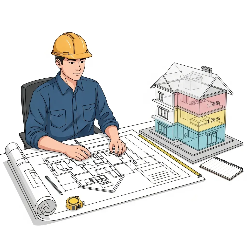 Kiến trúc sư Việt đang tính diện tích xây dựng với bản vẽ và mô hình 3D trong suốt.